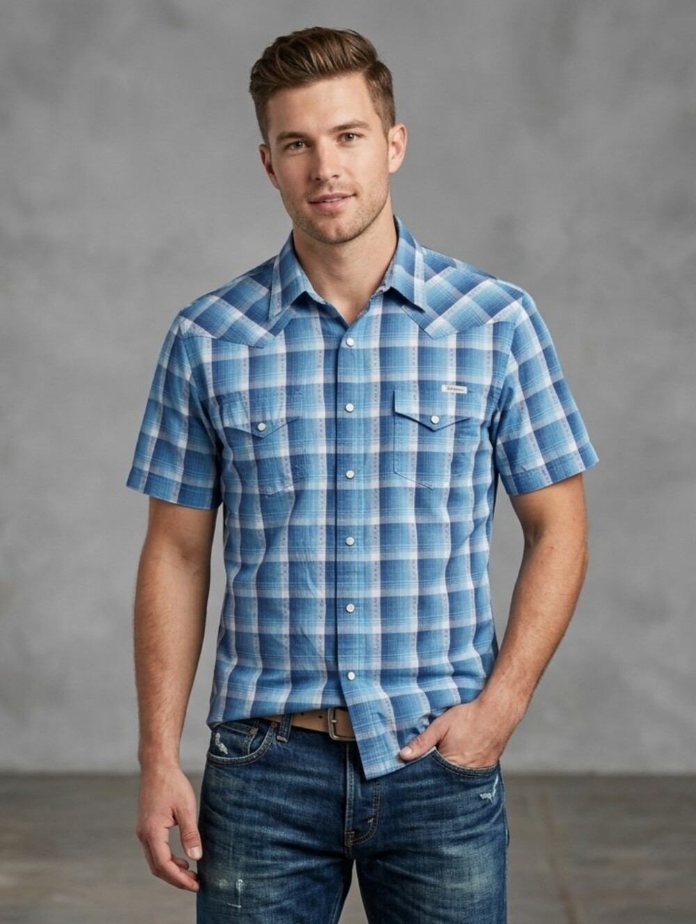 Lucky Brand Mens 2XL Blue White Plaid Pearl Snap Front SS Shirt